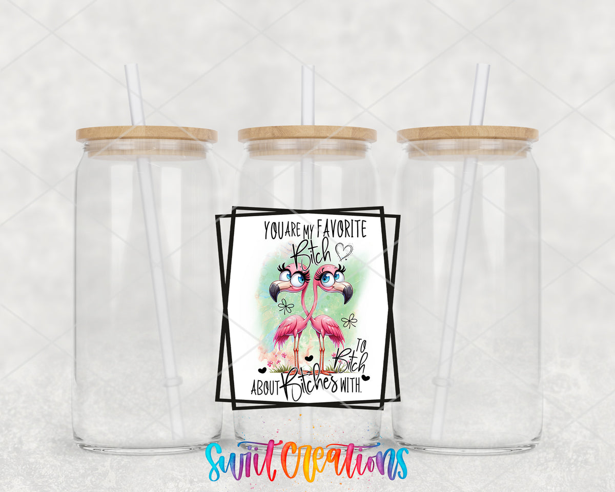 You Are My Favorite Bitch clear glass tumbler group mockup with bamboo lids and straws