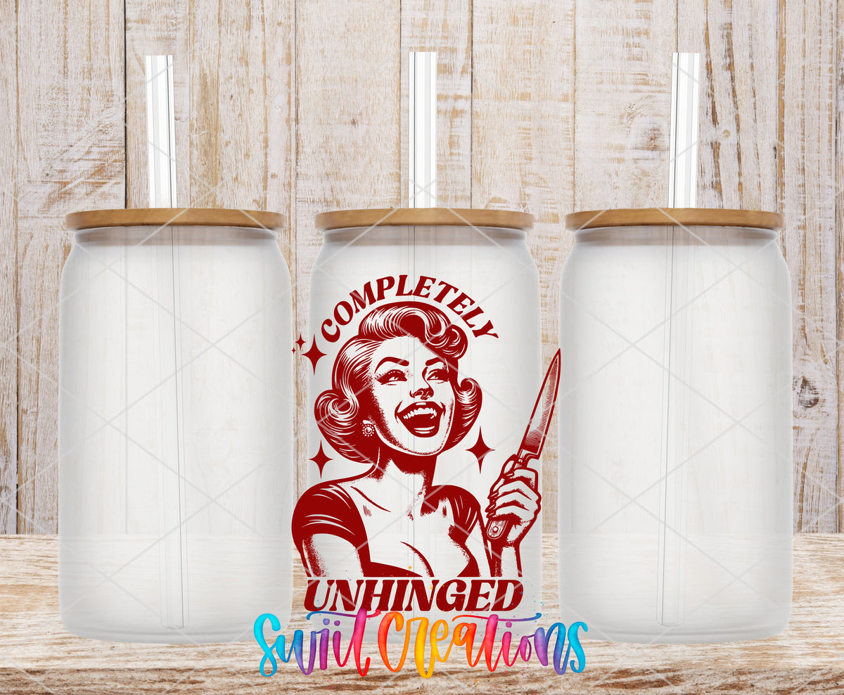 Completely Unhinged frosted glass tumbler mockup with bamboo lids and straws