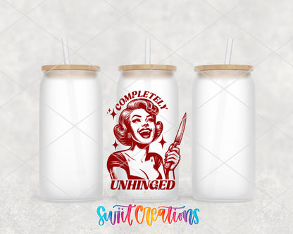Completely Unhinged frosted glass tumbler group view with lids and straws