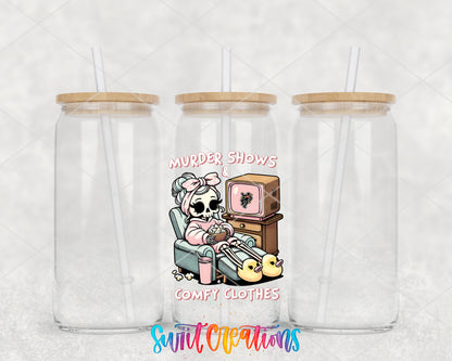 Murder Shows and Comfy Clothes clear glass tumbler group mockup with bamboo lids and straws