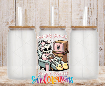 Murder Shows and Comfy Clothes frosted glass tumbler mockup with bamboo lids and straws