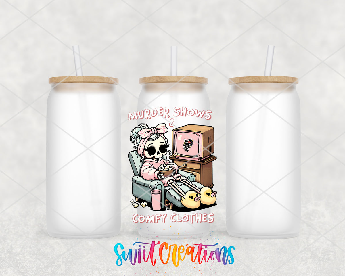 Murder Shows and Comfy Clothes frosted glass tumbler group view with lids and straws