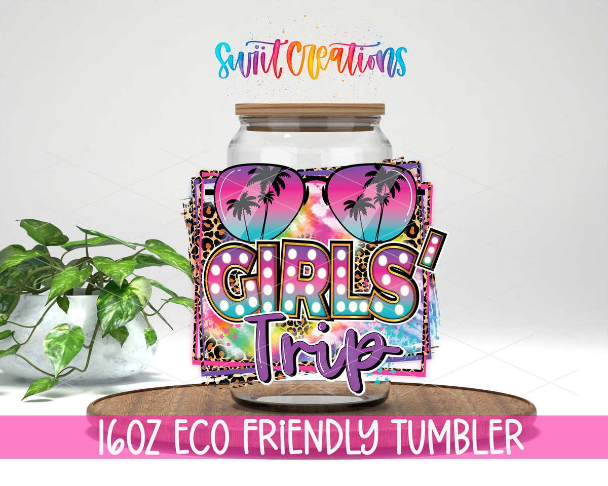 Girls Trip design on a 16 oz clear glass tumbler with bamboo lid