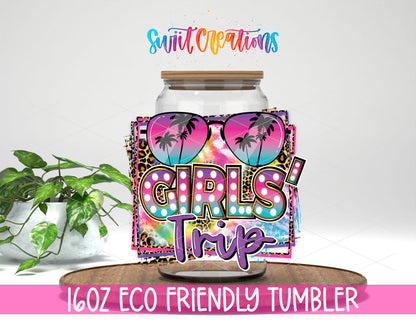 Girls Trip design on a 16 oz clear glass tumbler with bamboo lid