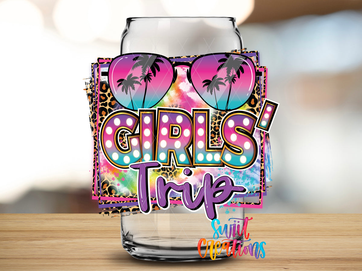 Girls Trip design close-up on a clear glass can tumbler