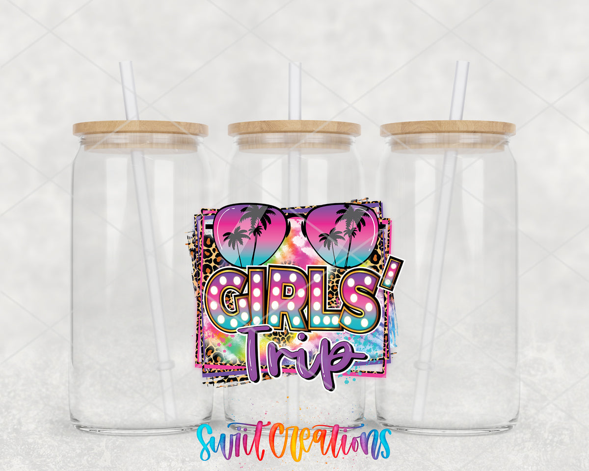 Girls Trip clear glass tumbler group mockup with bamboo lids and straws