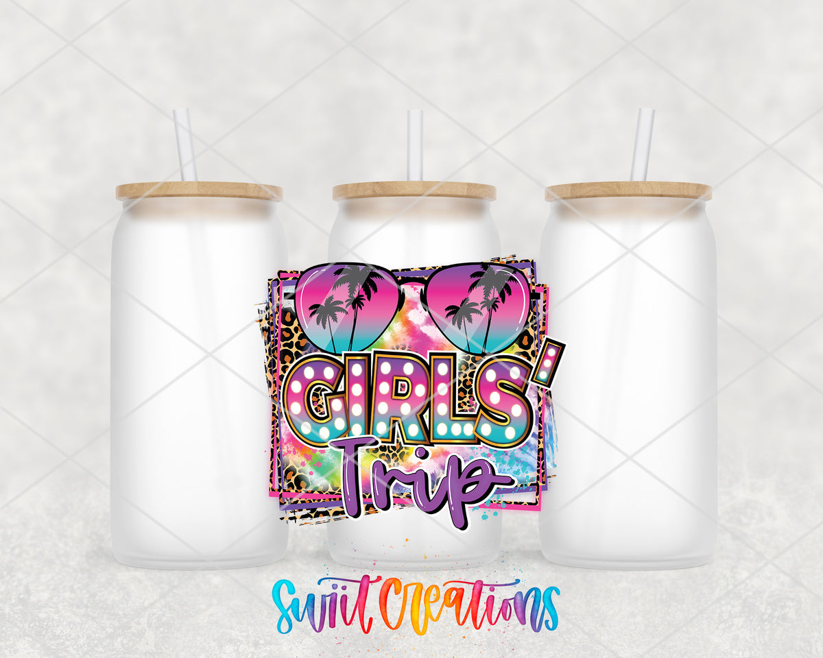 Girls Trip frosted glass tumbler group view with lids and straws