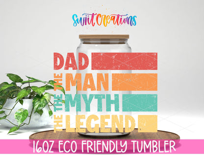 Dad The Man The Myth The Legend design on a 16 oz clear glass tumbler with bamboo lid
