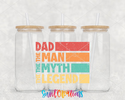Dad The Man The Myth The Legend clear glass tumbler group mockup with bamboo lids and straws