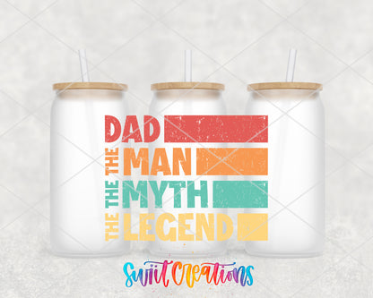 Dad The Man The Myth The Legend frosted glass tumbler group view with lids and straws