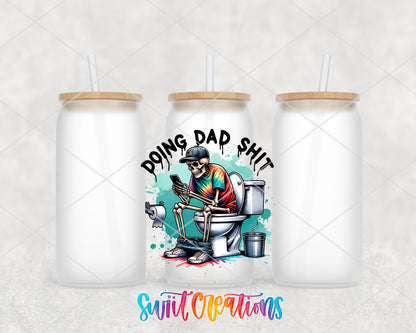 Doing Dad Shit frosted glass tumbler group view with lids and straws