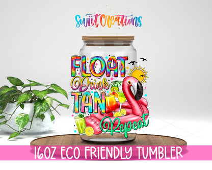Float Drink Tan Repeat design on a 16 oz clear glass tumbler with bamboo lid
