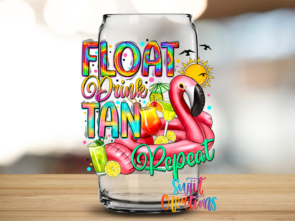 Float Drink Tan Repeat design close-up on a clear glass can tumbler