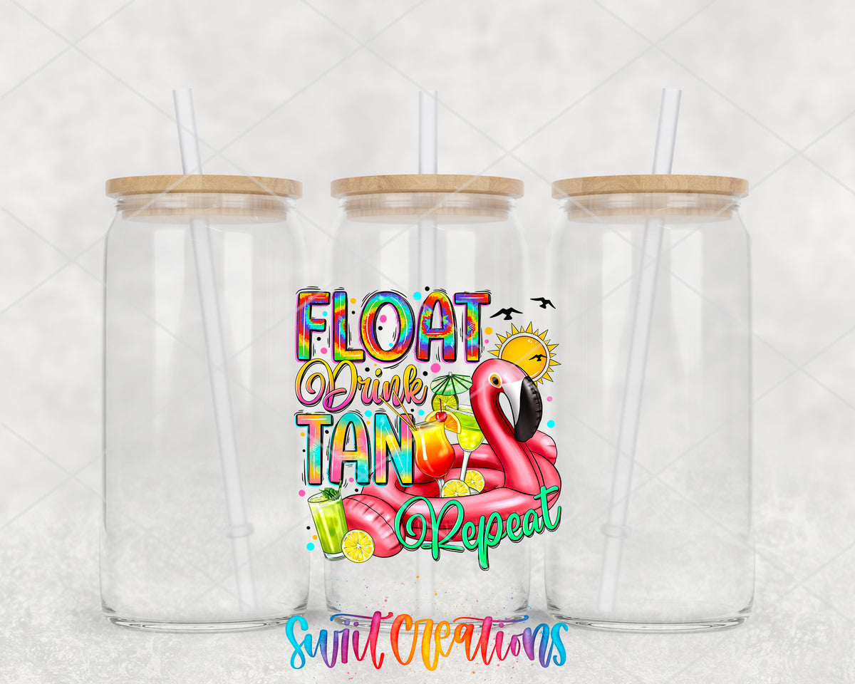Float Drink Tan Repeat clear glass tumbler group mockup with bamboo lids and straws
