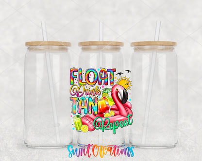 Float Drink Tan Repeat clear glass tumbler group mockup with bamboo lids and straws