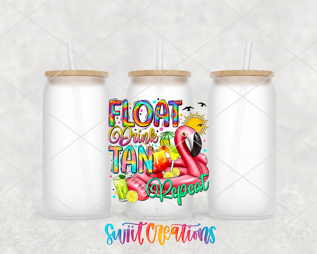 Float Drink Tan Repeat frosted glass tumbler group view with lids and straws