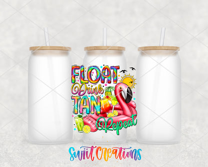 Float Drink Tan Repeat frosted glass tumbler group view with lids and straws