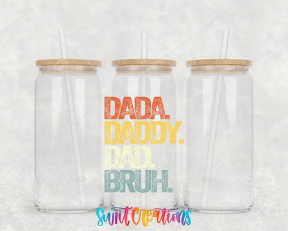 Dada Daddy Dad Bruh clear glass tumbler group mockup with bamboo lids and straws