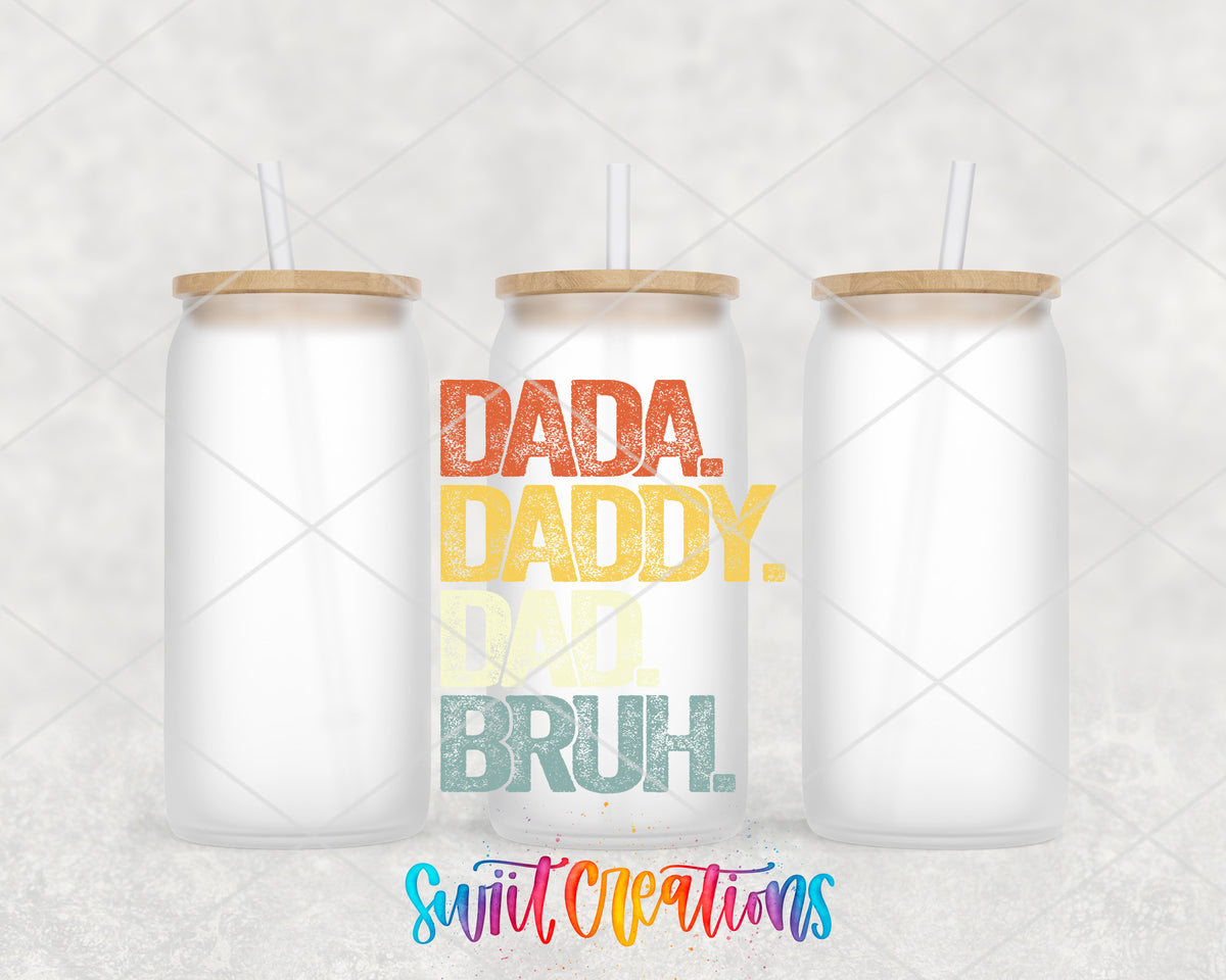 Dada Daddy Dad Bruh frosted glass tumbler group view with lids and straws