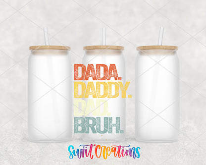 Dada Daddy Dad Bruh frosted glass tumbler group view with lids and straws