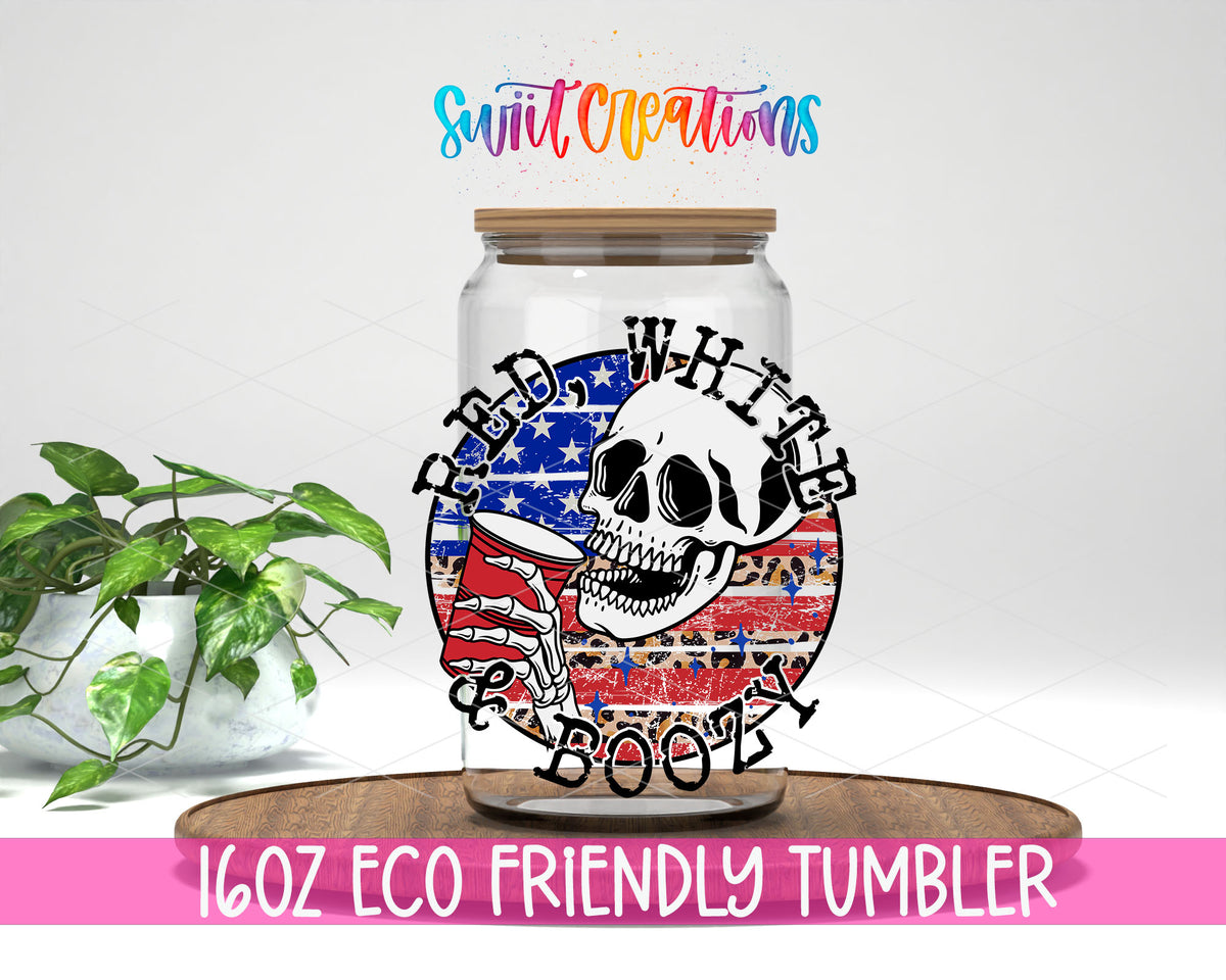 Red White and Boozy design on a 16 oz clear glass tumbler with bamboo lid