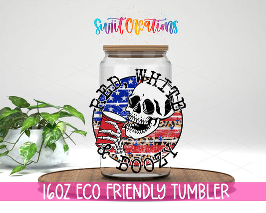 Red White and Boozy design on a 16 oz clear glass tumbler with bamboo lid