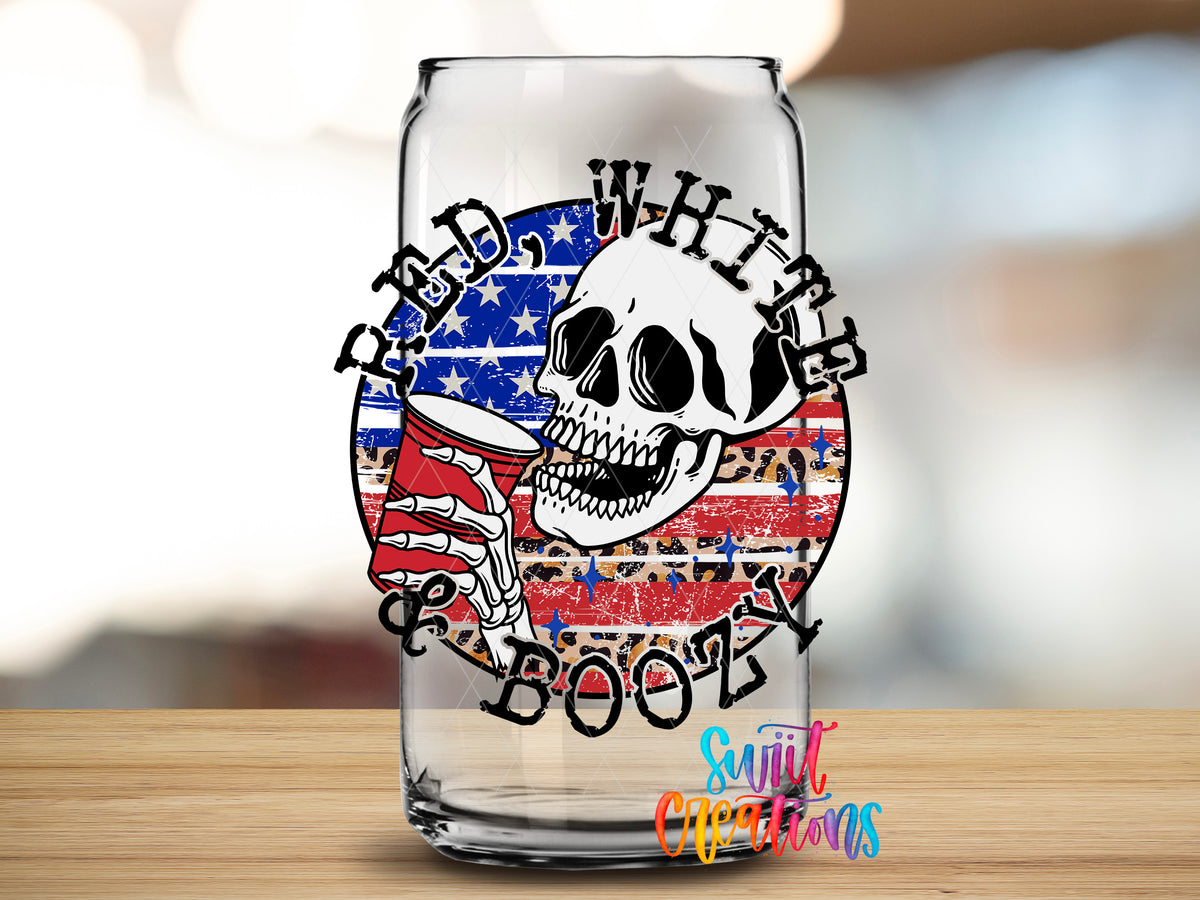 Red White and Boozy design close-up on a clear glass can tumbler