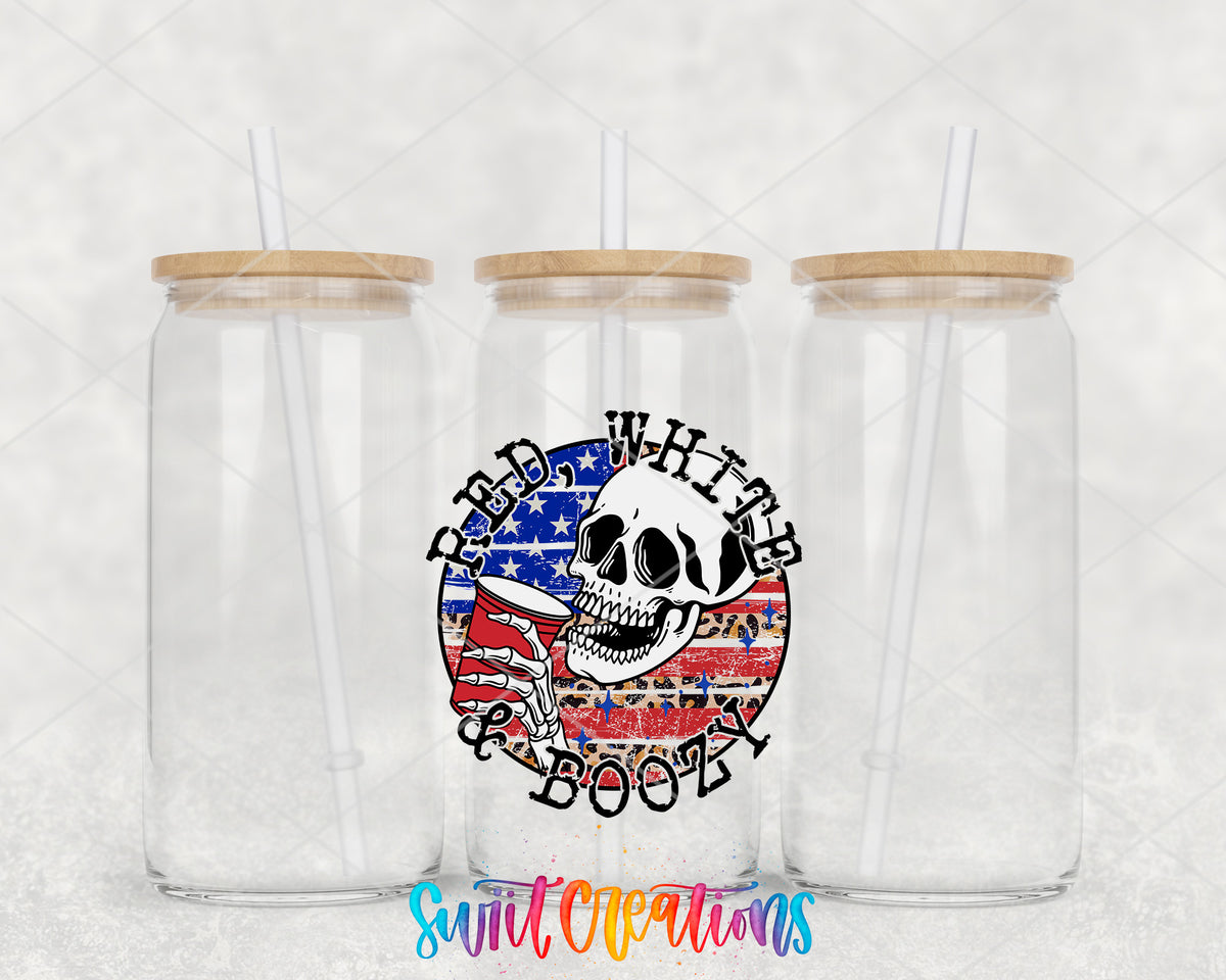 Red White and Boozy clear glass tumbler group mockup with bamboo lids and straws