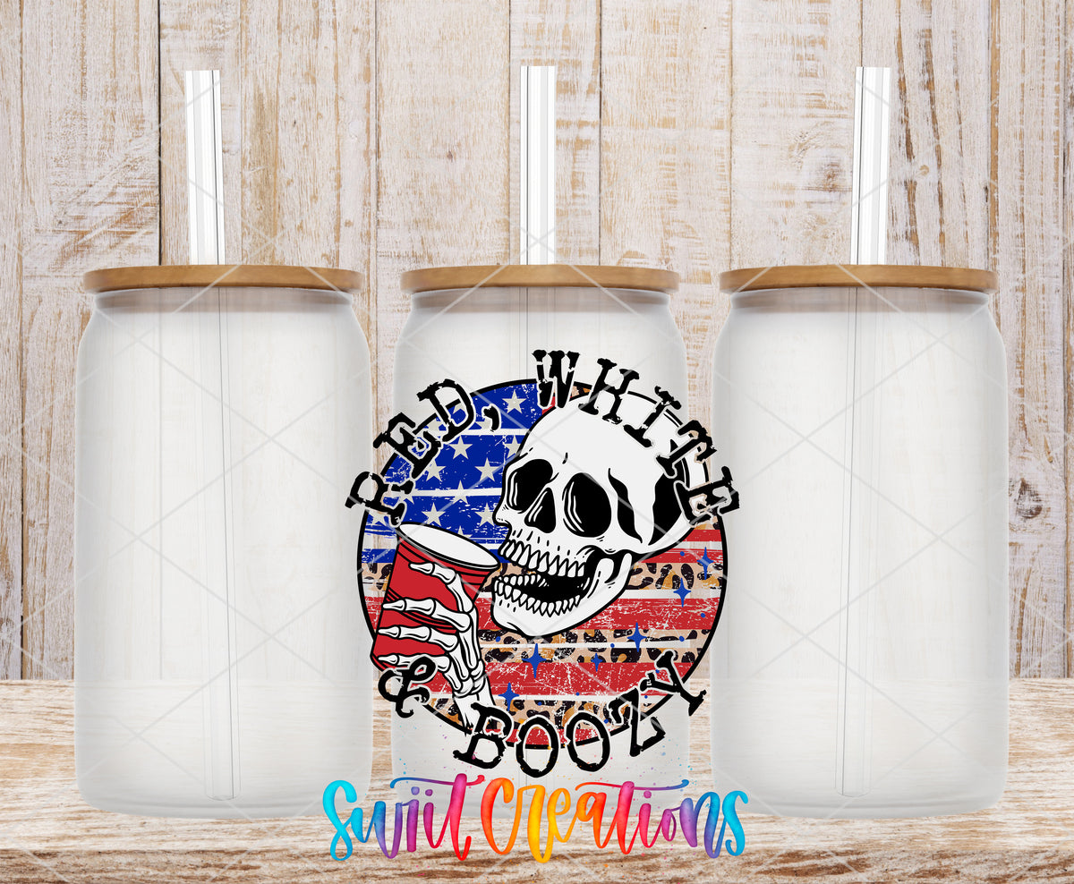 Red White and Boozy frosted glass tumbler mockup with bamboo lids and straws