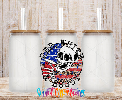 Red White and Boozy frosted glass tumbler mockup with bamboo lids and straws