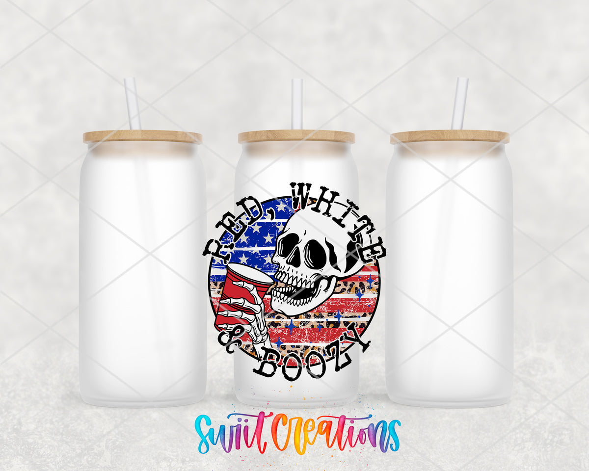 Red White and Boozy frosted glass tumbler group view with lids and straws