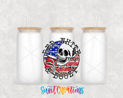 Red White and Boozy frosted glass tumbler group view with lids and straws