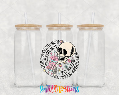 Just a Good Mom clear glass tumbler group mockup with bamboo lids and straws