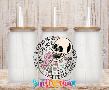 Just a Good Mom frosted glass tumbler mockup with bamboo lids and straws