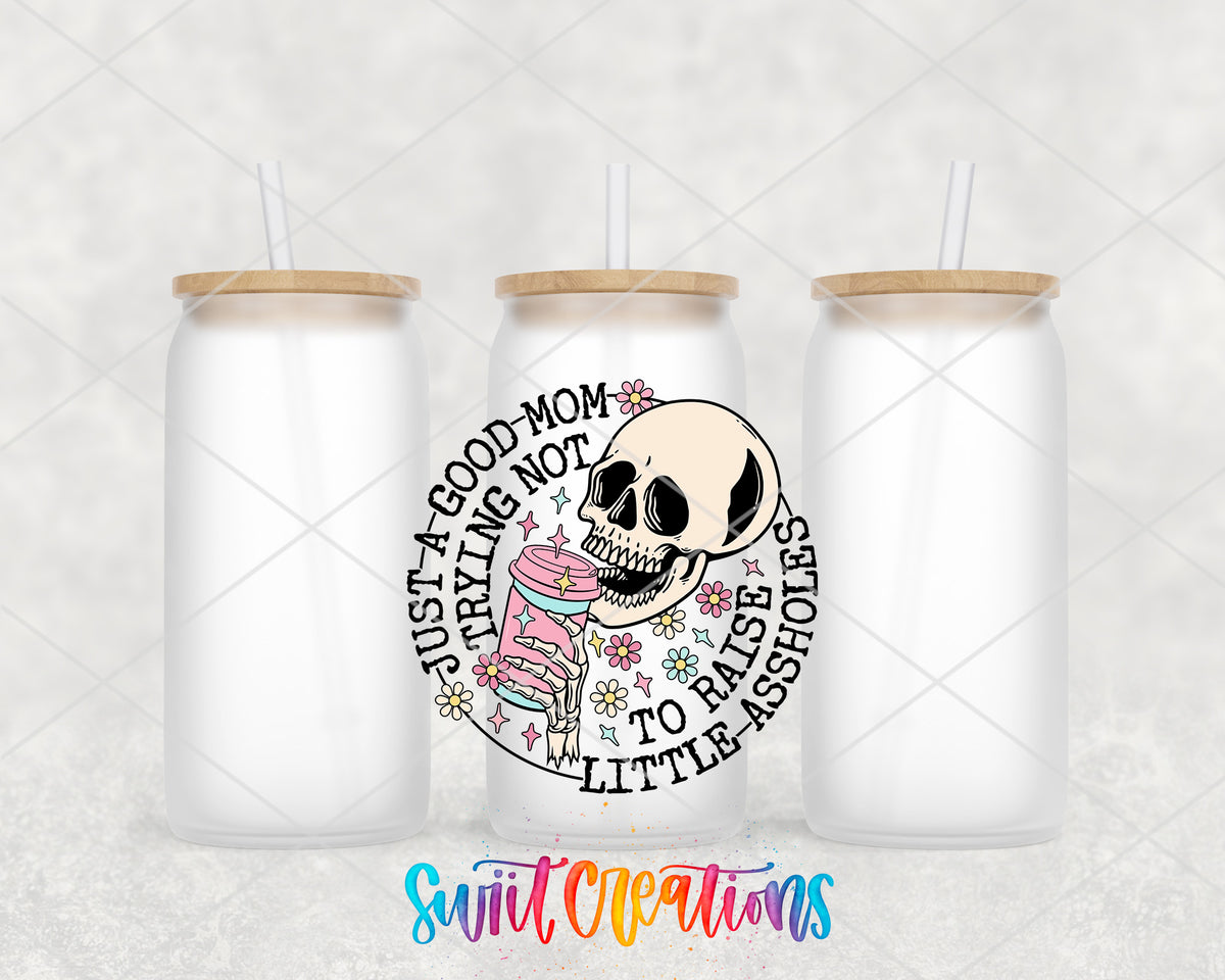 Just a Good Mom frosted glass tumbler group view with lids and straws