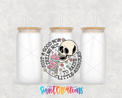 Just a Good Mom frosted glass tumbler group view with lids and straws