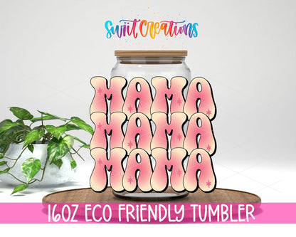 Mama Triple Retro design on a 16 oz clear glass tumbler with bamboo lid