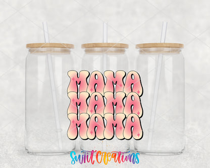 Mama Triple Retro clear glass tumbler group mockup with bamboo lids and straws