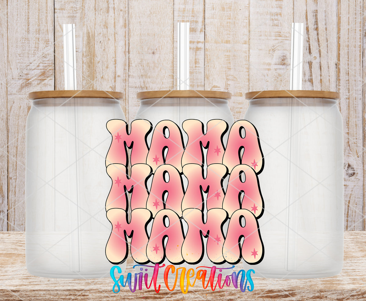 Mama Triple Retro frosted glass tumbler mockup with bamboo lids and straws