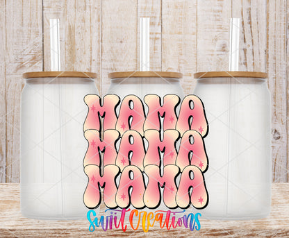 Mama Triple Retro frosted glass tumbler mockup with bamboo lids and straws