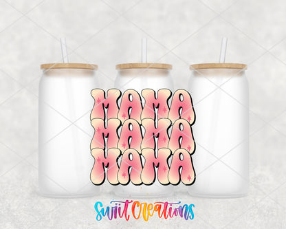 Mama Triple Retro frosted glass tumbler group view with lids and straws