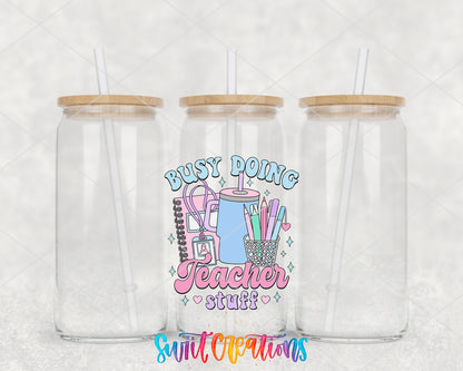 Busy Doing Teacher Stuff clear glass tumbler group mockup with bamboo lids and straws