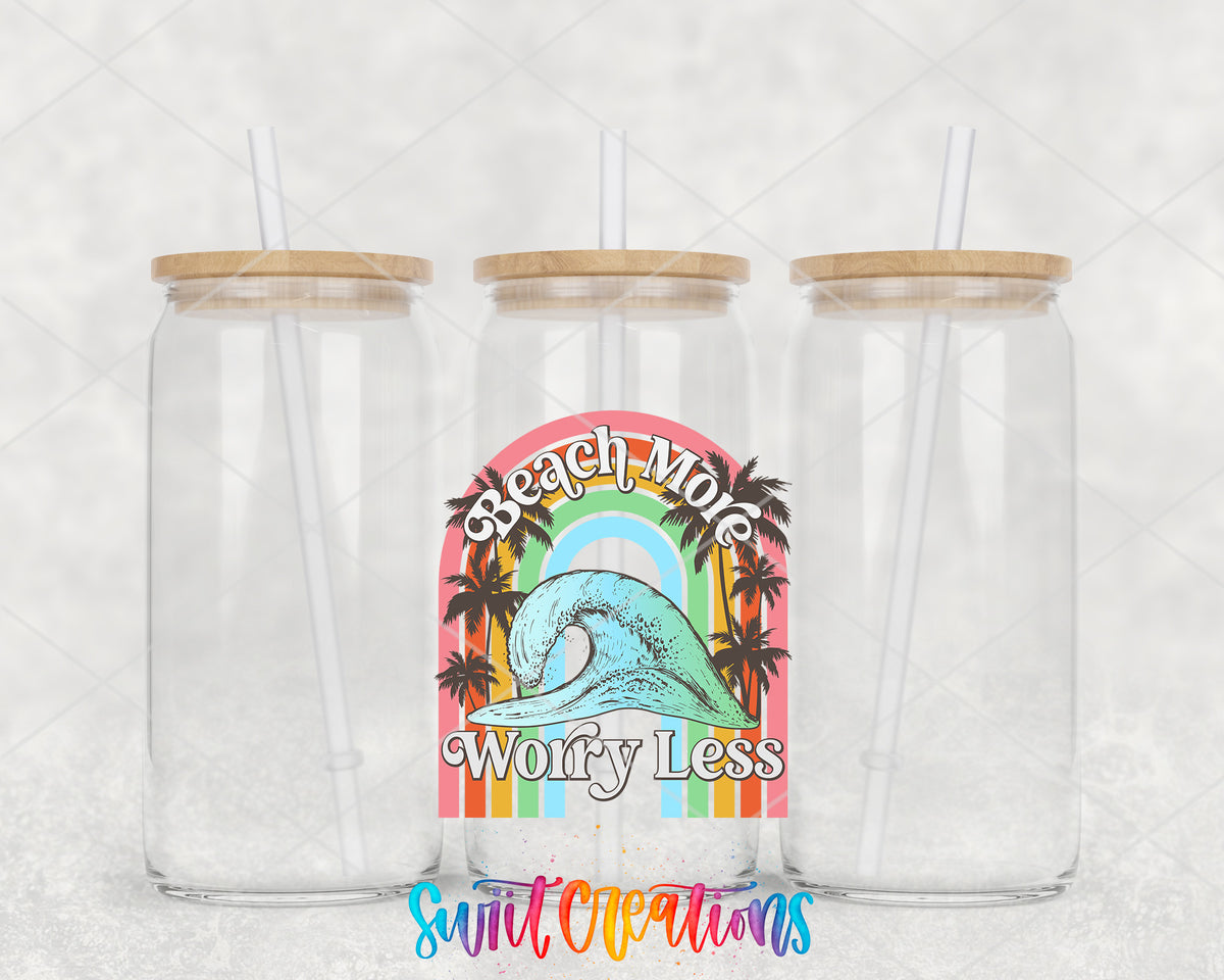Beach More Worry Less Wave clear glass tumbler group mockup with bamboo lids and straws