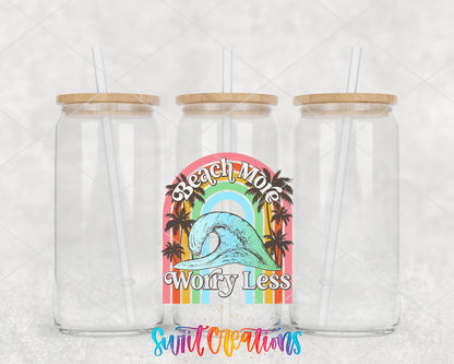 Beach More Worry Less Wave clear glass tumbler group mockup with bamboo lids and straws