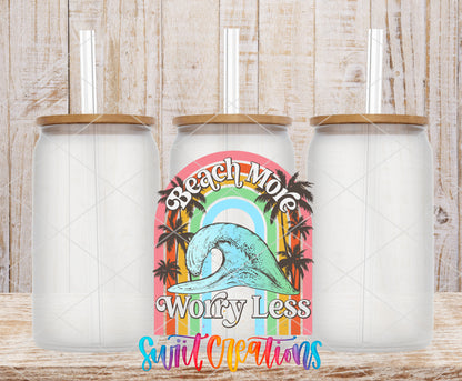 Beach More Worry Less Wave frosted glass tumbler mockup with bamboo lids and straws