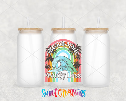 Beach More Worry Less Wave frosted glass tumbler group view with lids and straws