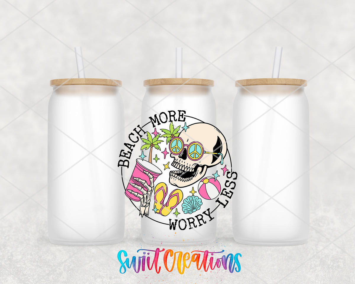Beach More Worry Less Skull frosted glass tumbler group view with lids and straws