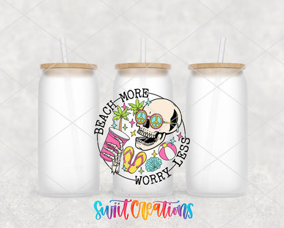 Beach More Worry Less Skull frosted glass tumbler group view with lids and straws