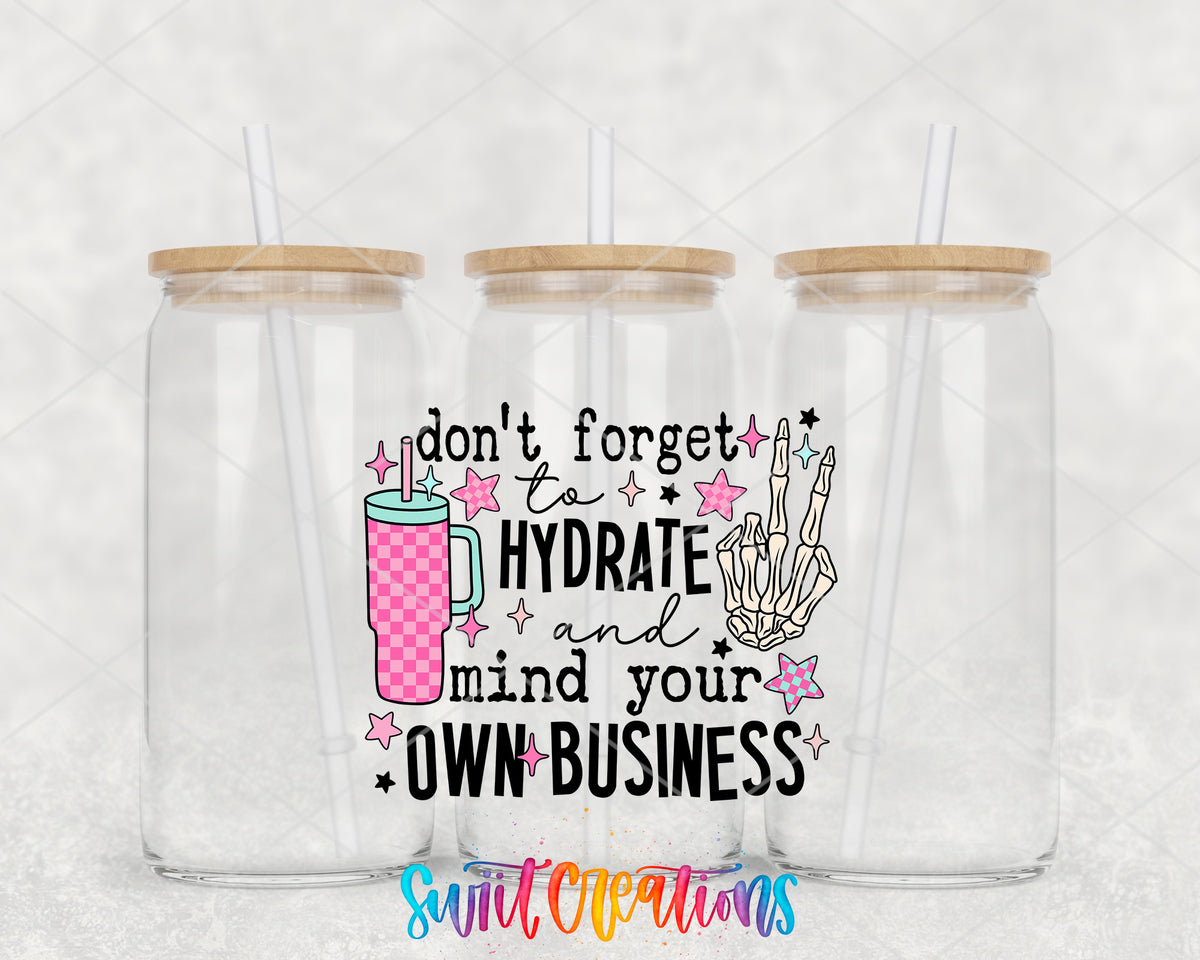 Hydrate and Mind Your Own Business clear glass tumbler group mockup with bamboo lids and straws