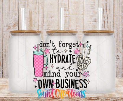 Hydrate and Mind Your Own Business frosted glass tumbler mockup with bamboo lids and straws